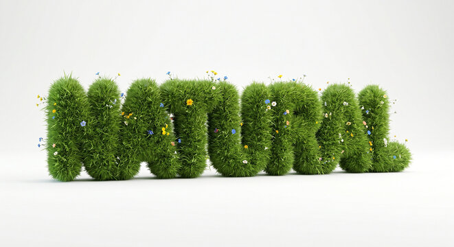 The word NATURAL made of green grass and blooming wildflowers isolated on white background, conceptual 3D illustration for organic, halal, and vegan products.