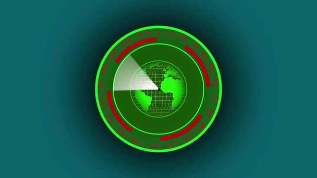 Radar screen animation with global earth globe. Radar screen futuristic navigation display. Radar screen technology tracking and monitoring graphic on black background.