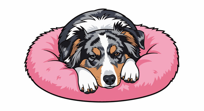 A dog rests its head on a pink fluffy bed, with paws hanging over