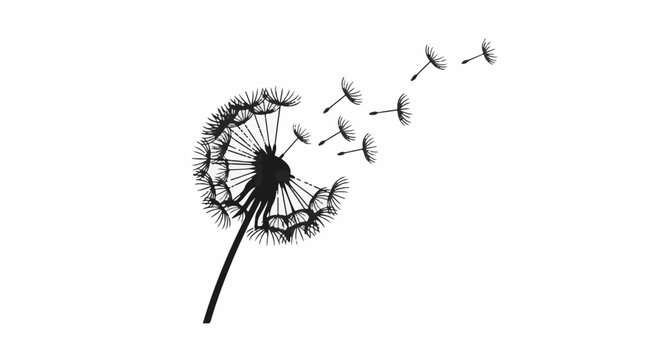 A black silhouette of a dandelion with seeds blowing away in the wind