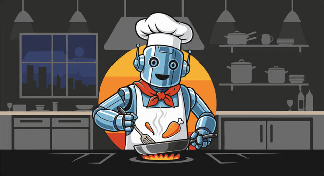 A blue chef robot cooks food in a kitchen at night
