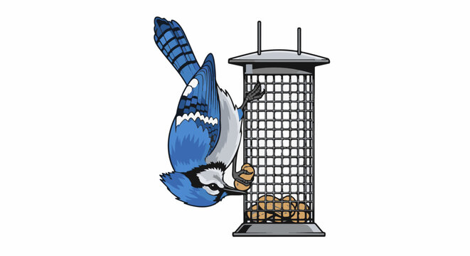 A blue jay hangs upside down from a bird feeder, eating peanuts