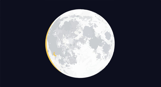 A bright, textured moon with a crescent sliver hangs in a dark, starry night sky