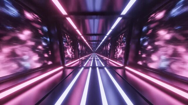 Futuristic neon tunnel with motion blur ideal for tech startups and software promos