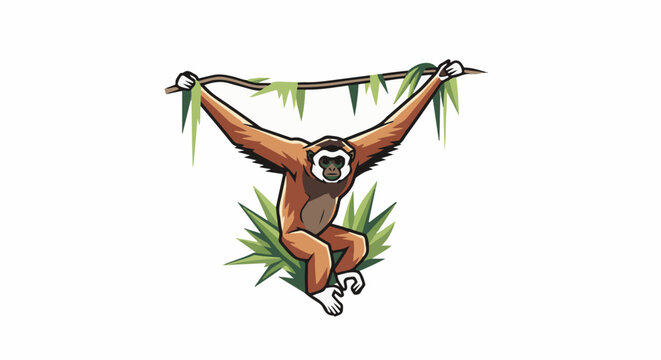 A cartoon gibbon monkey swings by its arms from a jungle vine amidst lush green foliage