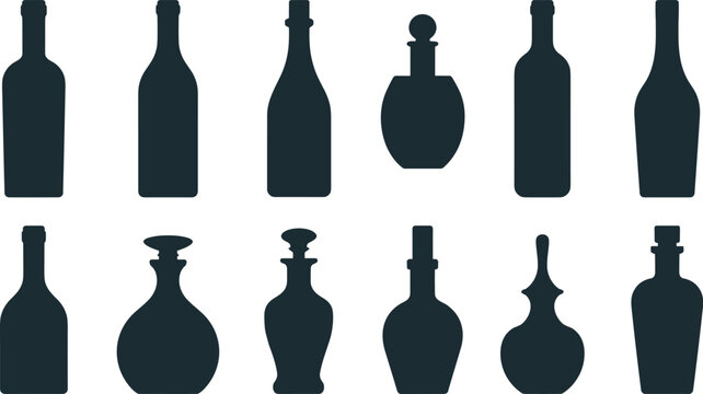 Vintage and modern bottle silhouette mega set with assorted glass containers for packaging branding and design use
