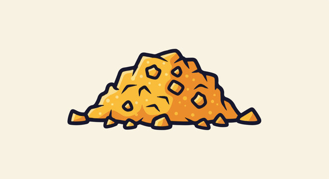 A cartoon illustration of a pile of golden, triangular, and circular snack chips on a light tan background