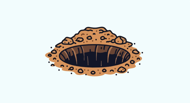 A cartoonish representation of a deep, dark pit in the earth, surrounded by scattered soil and small rocks