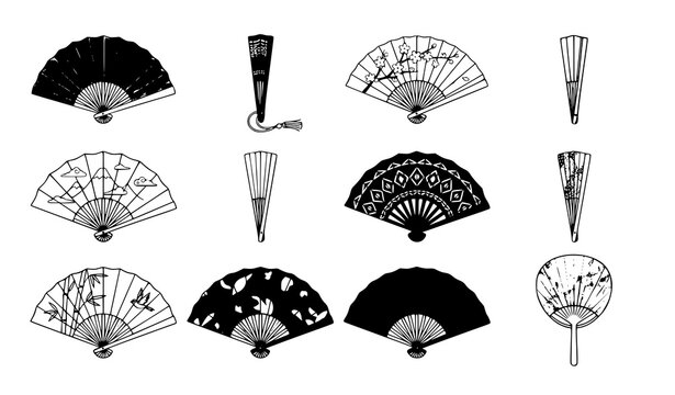 Hand fan clipart set folding fan vector illustration collection isolated on white background