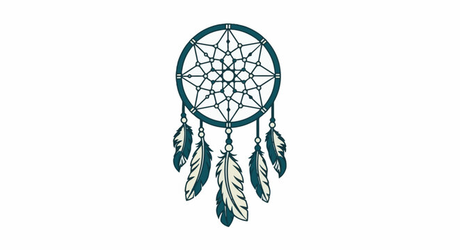 A decorative dream catcher with a web-like pattern and five hanging feathers