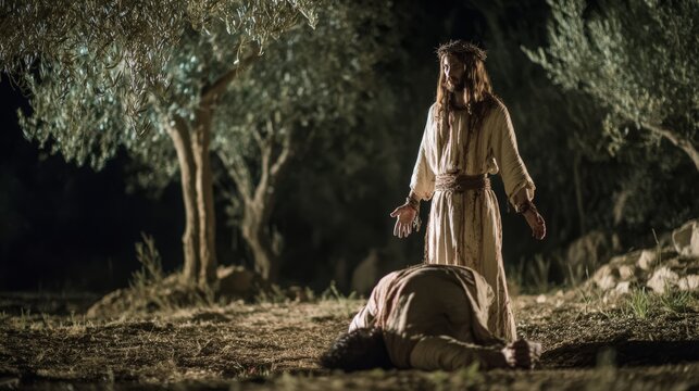Long-haired man wearing a crown of thorns stands before another person kneeling on the ground in a dimly lit grove.
