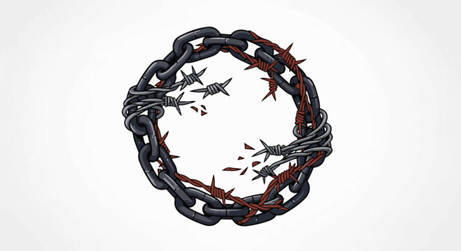 A circular arrangement of thick metal chain intertwined with sharp barbed wire