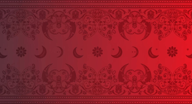 Celestial Moon Phases Pattern Red Gradient Background.
