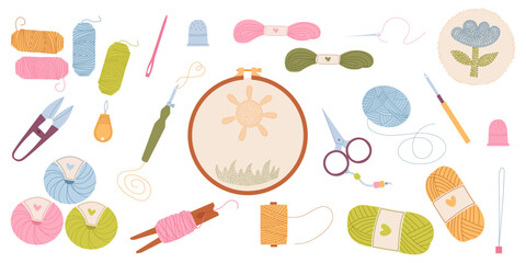 Cozy flat illustration of handmade embroidery tools. Yarn, hoop, threads and textile art elements. Needlework and handmade products.Equipment for carpet weaving, embroidery and textile art, in modern  © Марина Мигаль