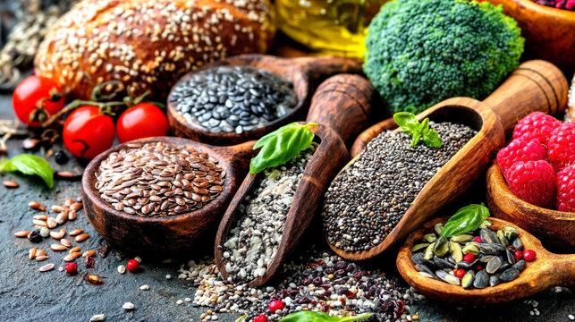 Assortment of superfoods in scoops with chia seeds flax seeds wooden scoops superfoods