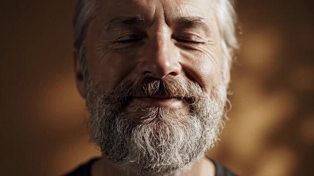 This features a close-up portrait of an elderly man with a long white beard and a contemplative expression. The warm lighting accentuates the texture of his skin and the depth of his character
