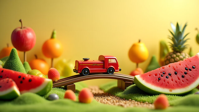 Mini railway crossing through a fruit slice landscape