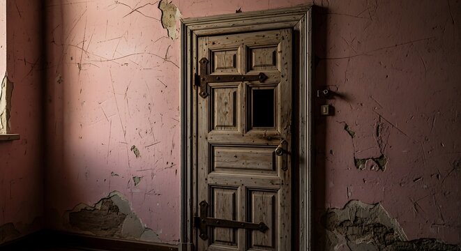 Old weathered door in a dilapidated room faded pink walls dramatic lighting