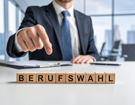 Berufswahl - Geschäftsmann zeigt auf den Text "Berufswahl"