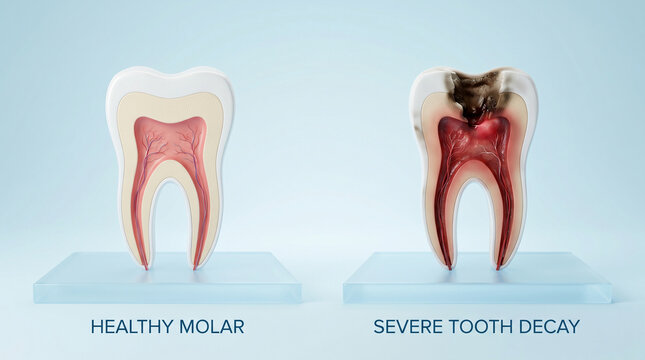 Healthy Molar vs Severe Tooth Decay Cross Section Anatomy