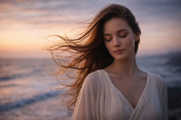 Fototapeta premium Serene Woman With Windblown Hair By Ocean At Sunset