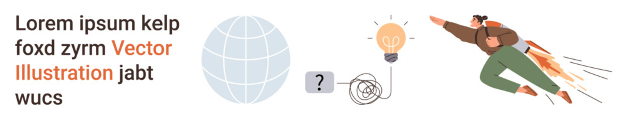Obraz premium Innovation, problem solving, global communication, creative thinking, entrepreneurship, technology. A figure flies with a light bulb rocket, globe question mark tangled wire. Innovation and problem