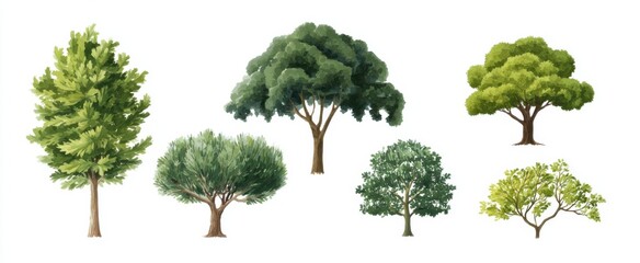 Fototapeta premium Charming collection of graceful oak trees watercolor art symbolizing nature conservation and sustainability concept
