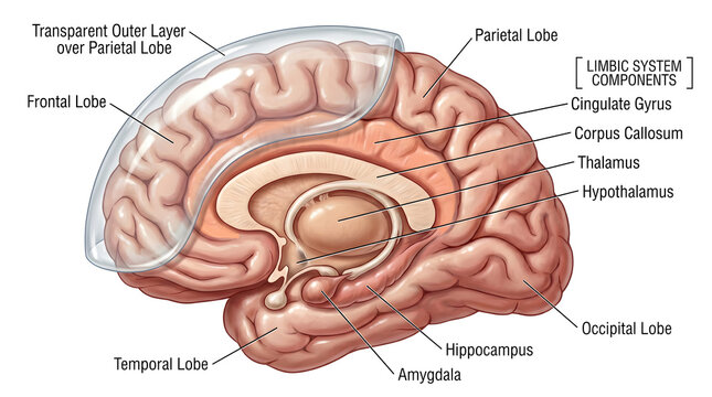 Sagittal section of the cerebrum showing frontal, parietal, temporal and occipital lobes overlying limbic system components&mdash;cingulate gyrus, corpus callosum, thalamus, hypothalamus, hippocampus and am