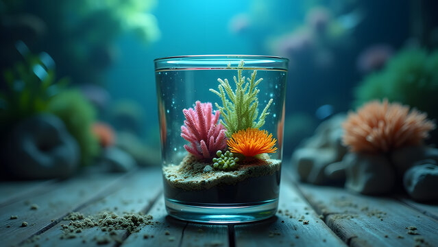 Tiny underwater coral reef inside an aquarium cup