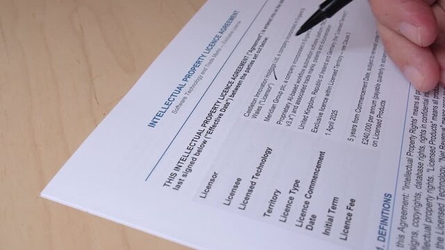 Close-up review of intellectual property license agreement paperwork