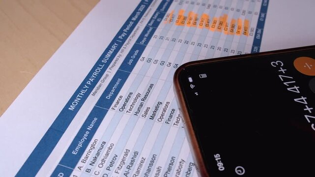 Payroll paperwork for large corporation is reviewed, sums highlighted