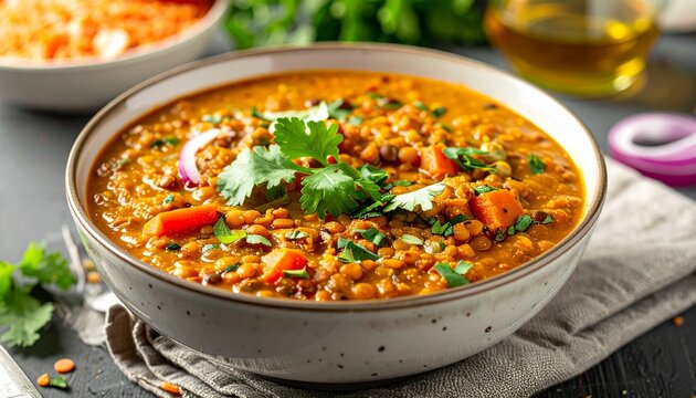 W&uuml;rzige Dal-Linsen-Bowl, vegan und clean angerichtet