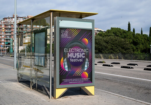 Urban Poster Mockup Template at Bus Stop Shelter in Barcelona