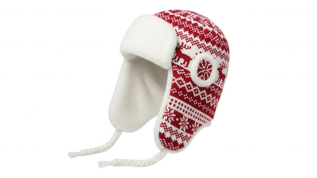 Red and white knitted winter trapper hat with reindeer and snowflake patterns, featuring soft white fleece lining and braided earflap ties