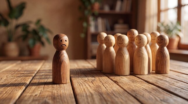 Sad wooden figure stands alone, excluded from group on table