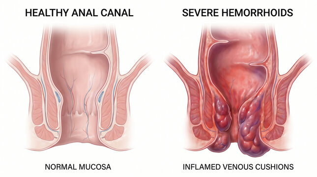 Healthy Anal Canal vs Severe Inflamed Hemorrhoids Anatomy