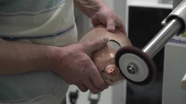 Skilled technician carefully uses a specialized rotary grinding tool to smooth and finish the fitting socket of a custom-made prosthetic limb during manufacturing process.