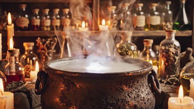 Steaming cauldron in a mystical room representing futuristic concepts and abstract thought