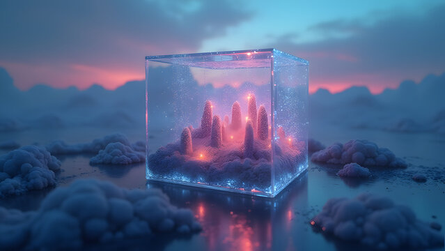 Tiny glowing city at dusk inside a transparent cube