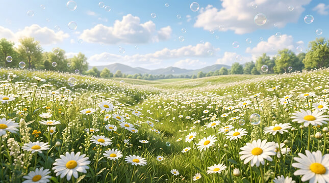 A tranquil rural landscape featuring a sprawling daisy meadow under a fluffy clouded blue sky, with floating soap bubbles adding a whimsical touch to the sunny daytime scenery.