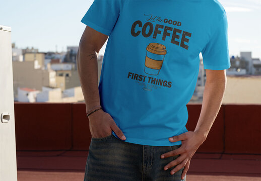 Mockup Template of Male in Short-Sleeved T-Shirt. Front Design.