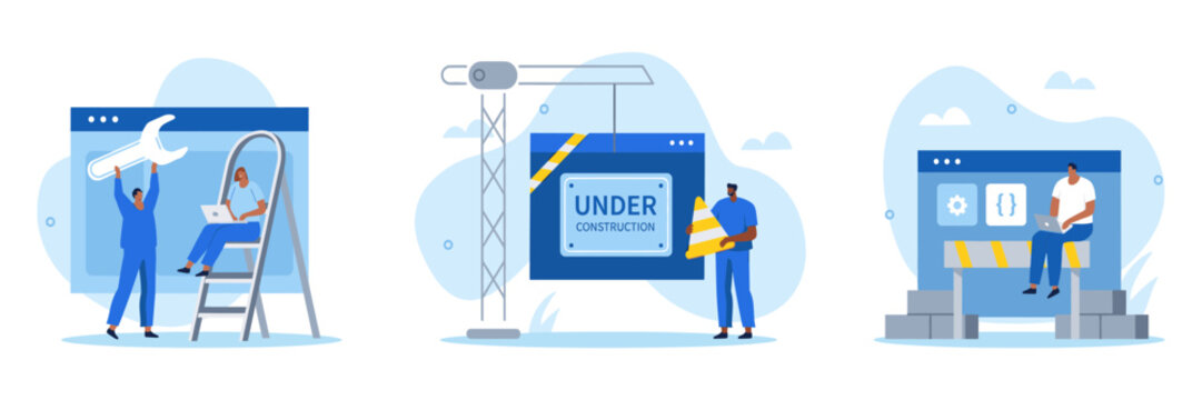 Web development and coding concept with people working on screens and tools app development user interface network system programming technology illustration computer teamwork