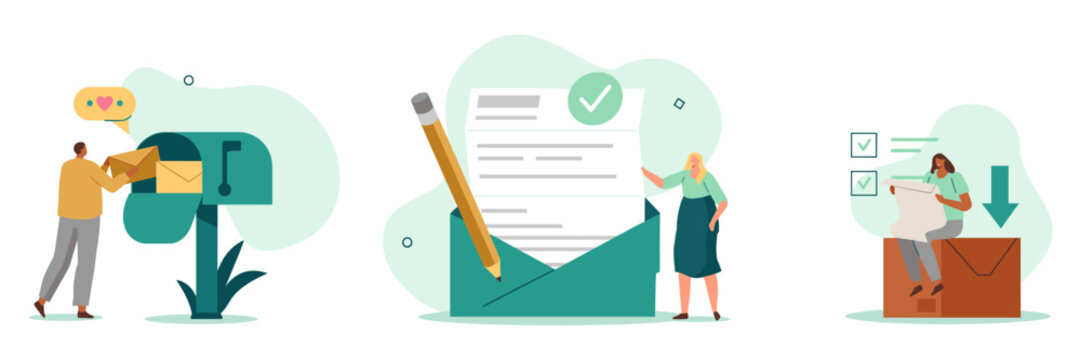 Mail delivery and document processing concept with mailbox envelope forms check mark delivery document processing envelope receiving communication illustration shipping logistics business