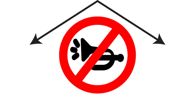 No Honking Forbidden Sign Icon with Directional Arrows, Prohibited Horn Noise Vector Illustration