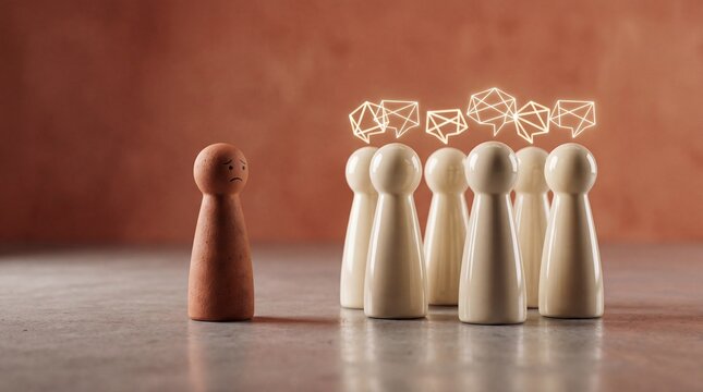 Lone wooden figure excluded from group, representing isolation and bullying