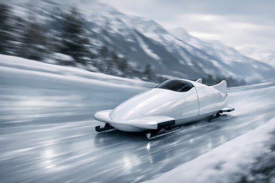 White bobsled speeding down an icy track in winter mountains. This fast paced winter sports imagery is excellently suited for competitive athletic themes and dynamic speed concepts.
