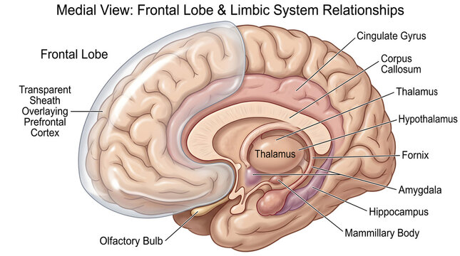 Medial view of the human brain highlighting relationships between the frontal lobe and limbic system structures, including cingulate gyrus, corpus callosum, thalamus, hypothalamus, fornix, hippocampus