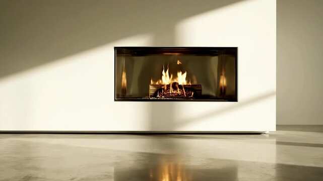 A modern, sleek fireplace with warm flames burning inside is set into a white wall in a room with a shiny floor and sunbeams casting shadows