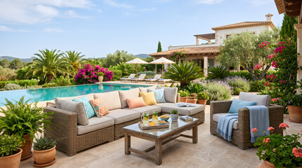 Obraz premium This upscale backyard patio features a large swimming pool, woven outdoor seating, lush tropical plants, and Mediterranean-style villa architecture for relaxing leisure time.