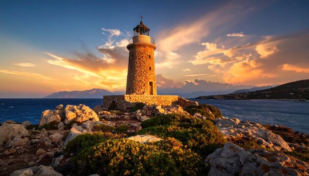 Stone lighthouse at sunset, perched on a rocky outcrop overlooking a vast ocean. Dramatic sky with colorful clouds